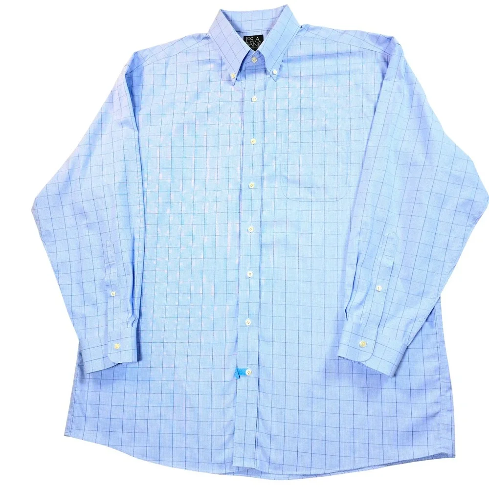 Jos. A. Bank Mens 17-34 Light Blue Windowpane Non-Iron Cotton Dress Shirt